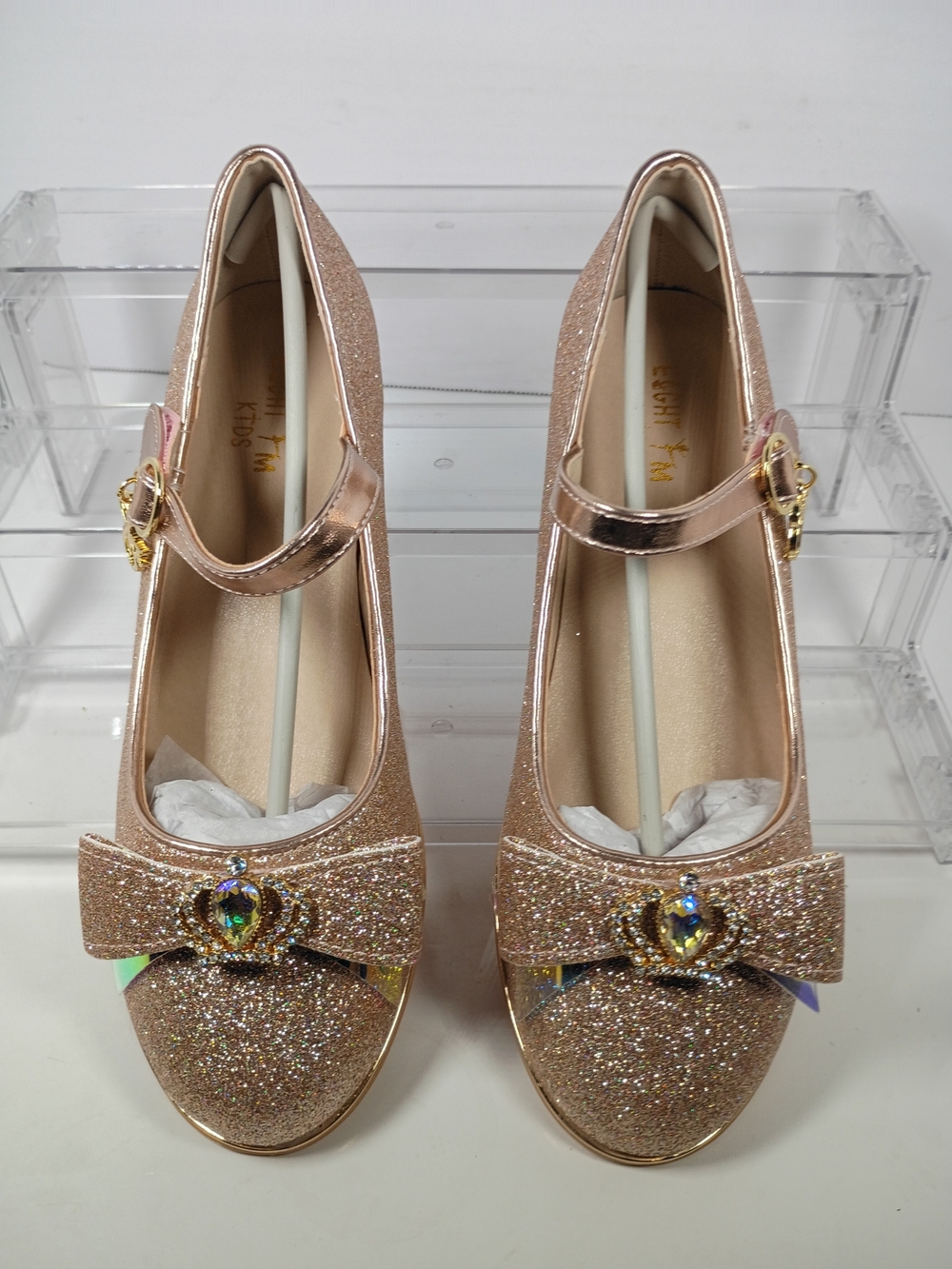 EIGHT KM Gold Glitter Mary Jane Dress Shoes Bow Rhinestone Buckle Girls US 4